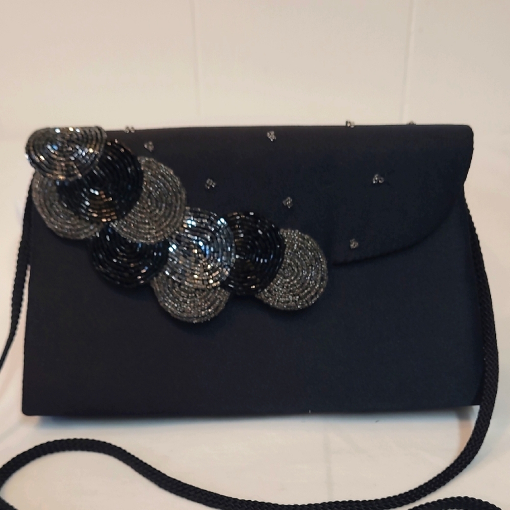 La Regale Vintage Black Satin Bag with Cord Beaded Circles - Stunning!